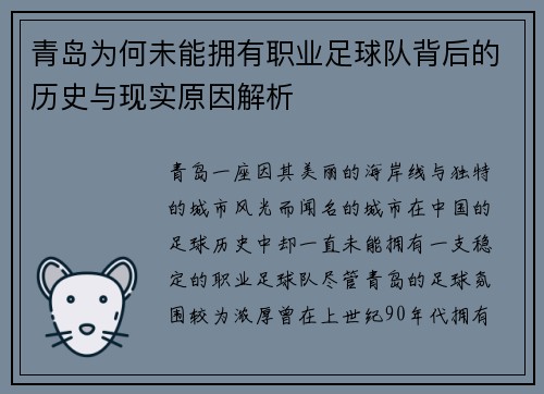 青岛为何未能拥有职业足球队背后的历史与现实原因解析