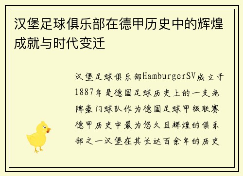 汉堡足球俱乐部在德甲历史中的辉煌成就与时代变迁