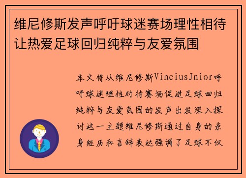 维尼修斯发声呼吁球迷赛场理性相待让热爱足球回归纯粹与友爱氛围