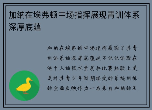 加纳在埃弗顿中场指挥展现青训体系深厚底蕴